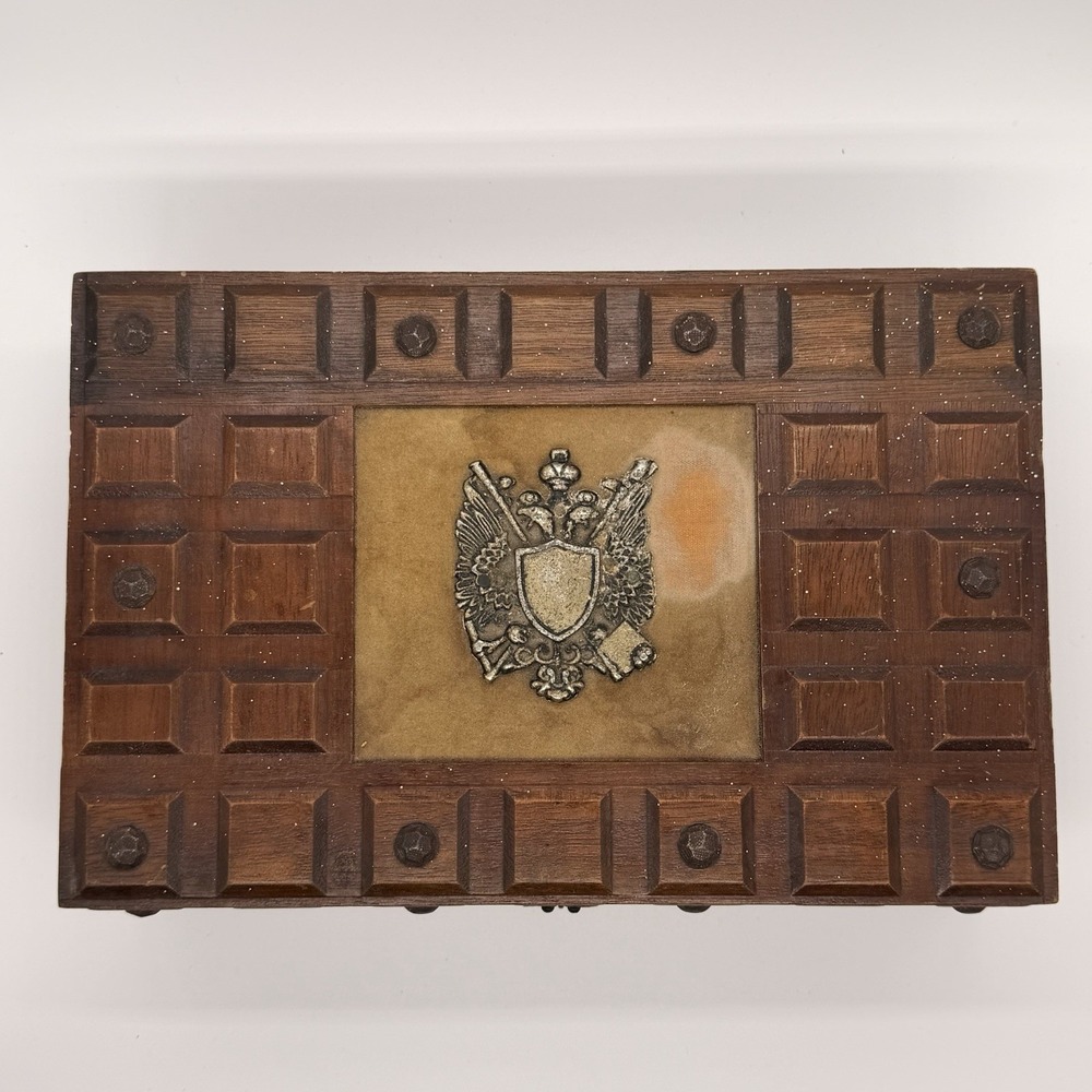 Wooden Jewelry Sewing Box, Vintage with Velvet & Crest Lid No Drawer